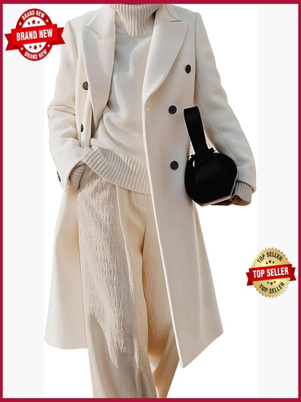 Women's Wool Pea Coat Double Breasted Long Trench Jacket Fall Winter